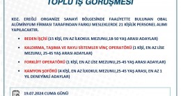 Kdz. Ereğli Organize Sanayi Bölgesinde faaliyette bulunan Obal Alüminyum firması tarafından farklı mesleklerde 21 kişilik personel alımı yapılacaktır.