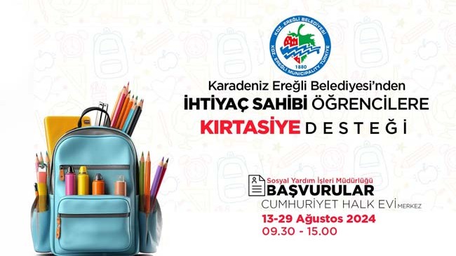 KDZ. EREĞLİ BELEDİYESİ, İHTİYAÇ SAHİBİ ÖĞRENCİLERE KIRTASİYE DESTEĞİNDE BULUNACAK